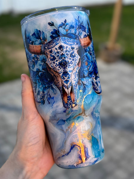 Blue Floral Bull 24oz Tumbler RTS