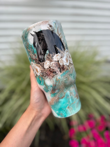 Marble Teal with Horse 32oz Tumbler RTS *needs 1 more coat*