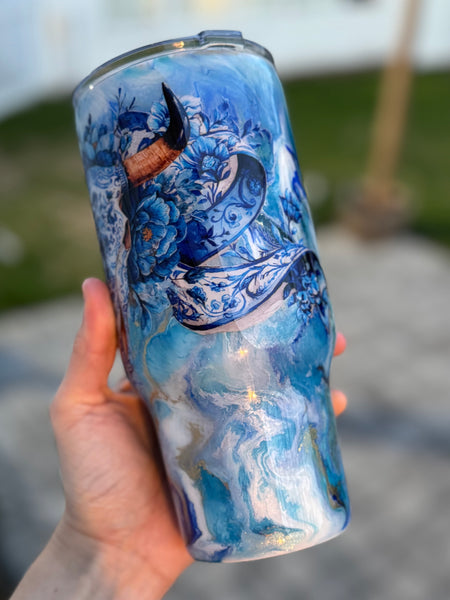 Blue Floral Bull 24oz Tumbler RTS